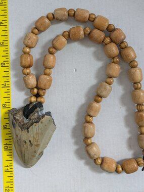 Large Megalodon Shark Fossilized Tooth On Wooden Beaded Necklace